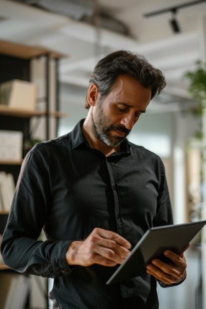 A male professional, looking serious and attentive, discussing a timeline with a client using a digital tablet. This represents a professional actively managing expectations through clear communication of timelines and deliverables.
