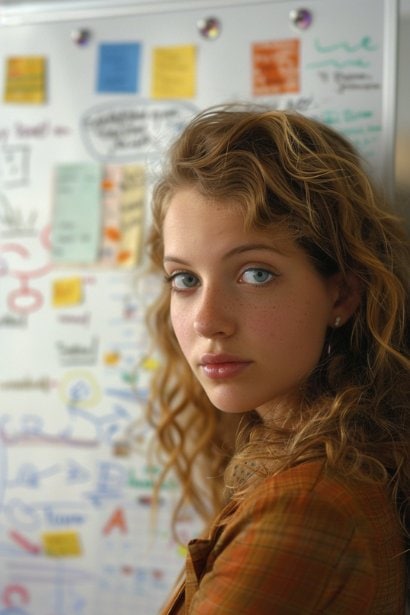 A female entrepreneur, looking strategic and focused, planning a marketing strategy on a whiteboard with various notes and diagrams. Her expression shows determination, emphasizing the importance of marketing in expanding a turnkey business.
