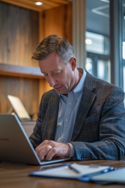 A middle-aged male professional, looking friendly yet professional, at his desk in a modern office space. He is crafting an email, emphasizing the tailored approach required for diverse audiences.