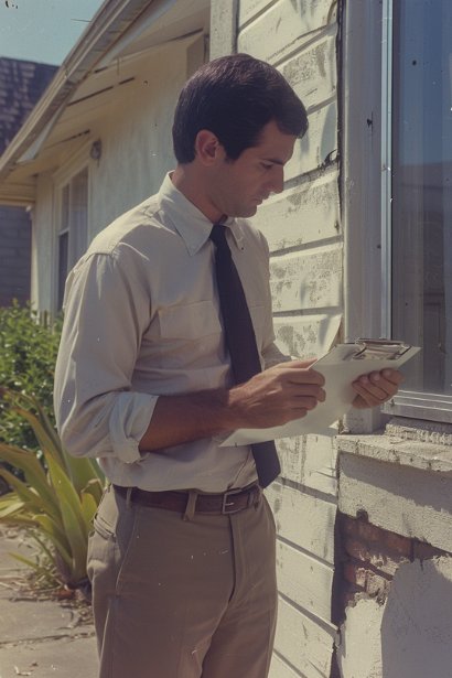 A middle-aged male property manager, looking responsible and attentive, inspecting a turnkey property with a clipboard in hand. He's checking the condition of the property, representing the management of operational components in a turnkey business.