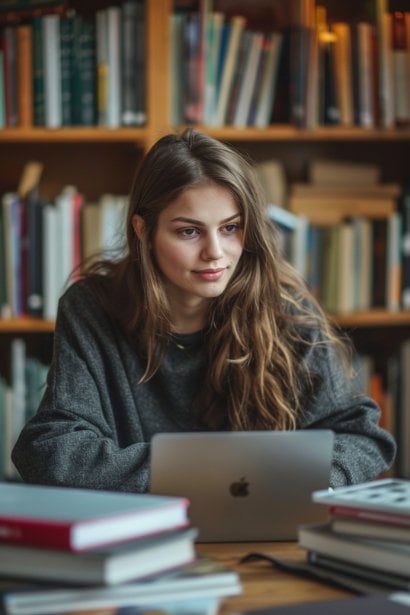 A young female professional, looking focused and determined, seated at a desk surrounded by professional development books and a laptop open to a webinar. This scene suggests active engagement in personal growth and skill enhancement.