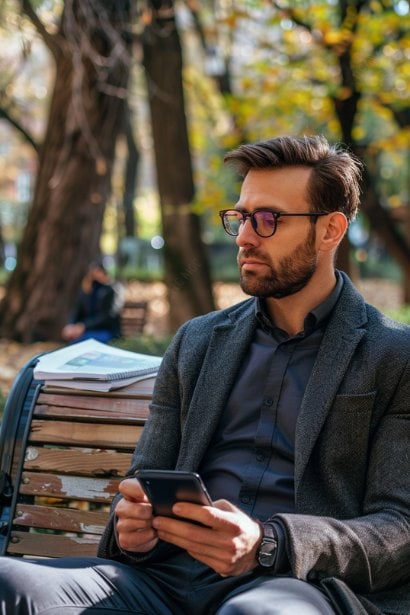 A male professional in an urban park, sitting on a bench with a planner and smartphone. He's scheduling his day and setting personal goals, looking resolved and proactive. This image illustrates personal leadership integrated into daily life, emphasizing organization and self-direction.