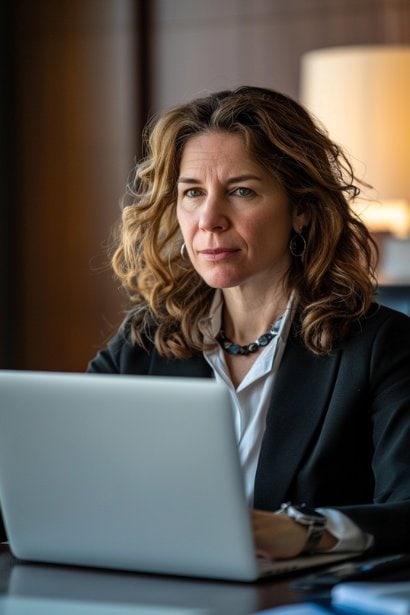 A senior female professional, looking authoritative and experienced, sitting in a conference room alone with a laptop open in front of her. She is drafting an email, pausing to think, symbolizing her focus on choosing the right words for professional communication.