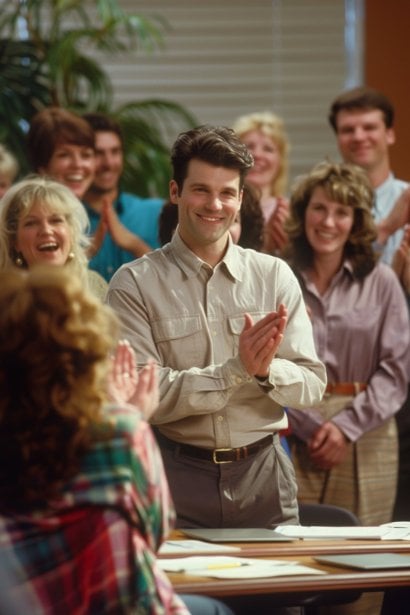 A male team leader, looking appreciative and proud, publicly acknowledging a female team member's efforts during a team meeting.