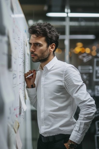 A male professional in a modern office, standing by a whiteboard filled with notes and diagrams. He's holding a marker, looking focused and prepared, illustrating the process of planning and preparing for upcoming meetings.