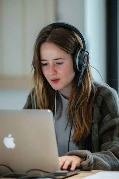 A female professional sitting at a desk, looking at her laptop screen with a focused expression. She is practicing her interview responses, speaking into a microphone with headphones on. The room is tidy, with a plain, professional background behind her, emphasizing the preparation for a virtual group interview.