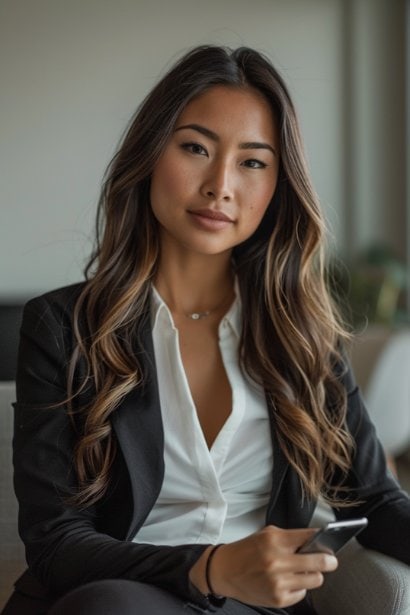 A female professional, looking sincere and professional, sitting in a conference room and typing a follow-up message on her phone after a meeting. The conference room is sleek and modern, indicating a formal business environment.