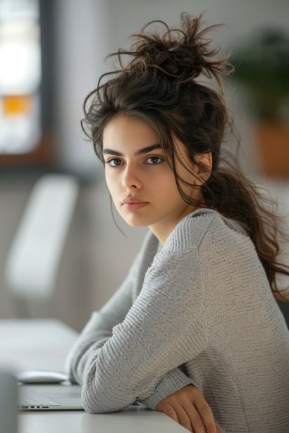 A young female professional, looking contemplative and slightly disheartened, sitting at her desk in a modern office setting. She is surrounded by minimal decor, and her eyes are fixed on a computer screen. This image symbolizes her realization of limited growth opportunities, capturing the moment she considers the need for a career change.