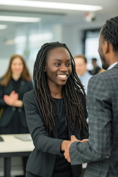 A young female professional, appearing elated and grateful, shaking hands with a male superior who has just congratulated her. This scene is set in a well-lit office with a few onlookers in the background, subtly clapping or smiling, which adds to the atmosphere of accomplishment and acknowledgment.