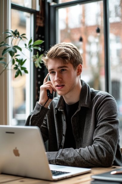 An eager and motivated young male entrepreneur, looking determined, talking on the phone while browsing through online listings of turnkey businesses on his laptop. This image reflects active engagement in finding the right turnkey business opportunity.
