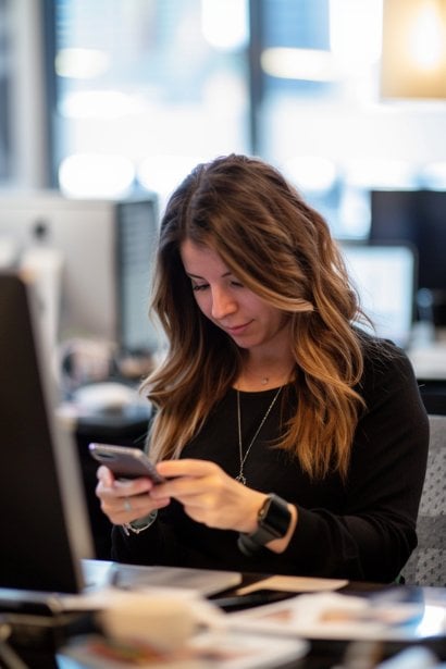A female professional, looking efficient and tech-savvy, configuring auto-reply settings on her smartphone. She is in a well-lit office, with her computer and several mobile devices on her desk, illustrating her engagement with technology to manage communications.