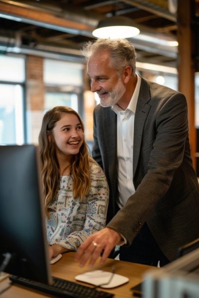 A middle-aged male manager, looking supportive and approachable, standing in an open office space next to a younger female employee seated at her desk. He's pointing at her computer screen, and both are smiling subtly, suggesting a moment of positive feedback and mentoring.