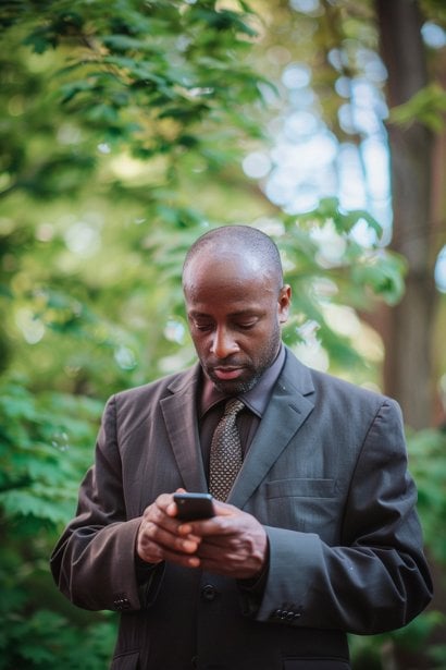 A photo capturing a male professional sending a text message on his smartphone in a serene park setting. His expression is focused and serious, reflecting the importance of clear and professional communication. He's dressed in business casual attire, and the park's greenery softly blurs in the background, symbolizing the balance between professional responsibilities and a peaceful environment.