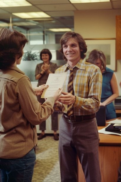 A male employee, looking gratified and motivated, receiving a certificate of recognition from a female supervisor during a small office gathering. Other team members are clapping in the background, highlighting a culture of recognition and its impact on engagement.