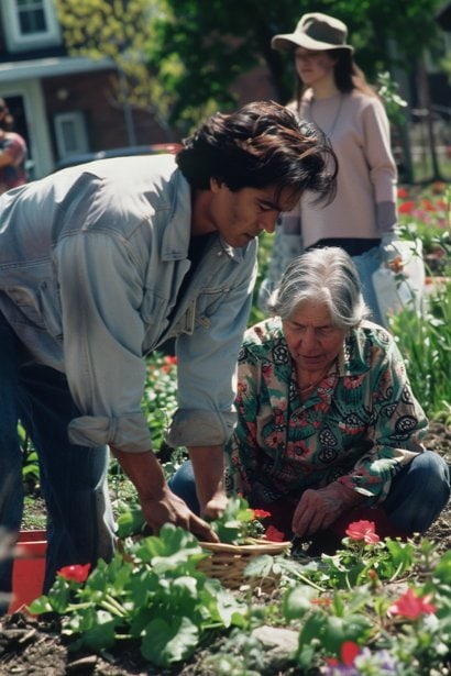 An outdoor community garden scene with a diverse group of individuals working together. Their expressions and body language exhibit cooperation and mutual respect, highlighting empathy's power in fostering community spirit and social harmony.