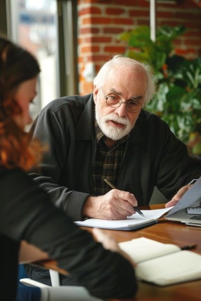 An older male professional in a casual office setting, receiving feedback from a younger female colleague. Both individuals are focused, with the older man showing a receptive and open expression while taking notes. This scene captures the essential dynamic of giving and receiving constructive feedback.