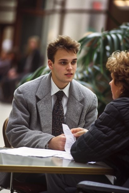 A male student, looking inspired and thankful, sitting across from an academic mentor (a female professional) in a university setting. He's holding a recommendation letter given by the mentor, capturing a moment of gratitude and respect towards the mentor's support.