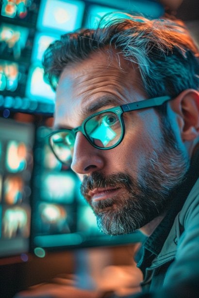 A close-up shot of a male professional adjusting a high-quality webcam on top of a computer monitor in a well-lit room. He has a serious yet optimistic expression, symbolizing the preparation and importance of technology in conducting virtual interviews. In the background, a video conferencing interface is open on his computer screen, with empty participant squares waiting to be filled.