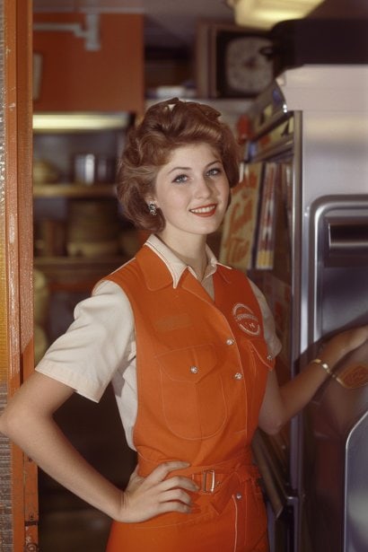 A female professional in a franchise restaurant, standing proudly in the doorway. She is smiling, confident, and wearing a uniform with the franchise's logo, representing ownership and success in franchise turnkey operations.