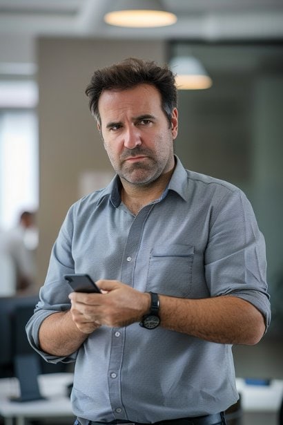 A middle-aged male professional, looking slightly puzzled and contemplative, standing in his office while holding his smartphone. His expression conveys a moment of realization or curiosity about a missed call, with office surroundings that suggest a busy work environment.