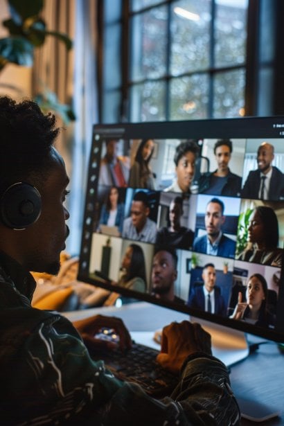 A small group of diverse professionals, each from a different location, visible in their own video frame on a large computer monitor. They are actively participating in a virtual group interview, showing expressions of focus and engagement. One male candidate is speaking, looking confident and articulate, while others listen attentively, nodding and taking notes.