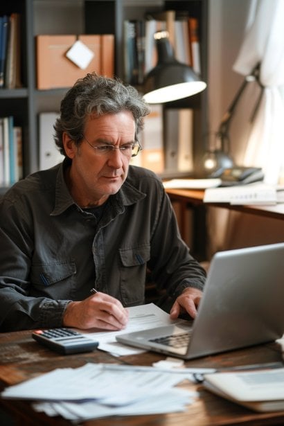 A male professional, looking focused and serious, seated at a small, tidy desk in a home office setting. He is reviewing documents and using a calculator, with a laptop open. This scene illustrates his careful evaluation of financial implications before making a job change, emphasizing prudence and planning.