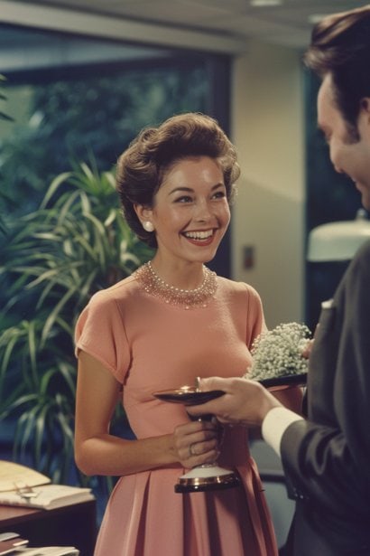 A female professional, looking appreciative and smiling, receiving a small trophy from a male colleague at a modest office celebration. Her expression conveys gratitude and joy, while her colleague appears proud and supportive, highlighting the impact of recognition in the workplace.