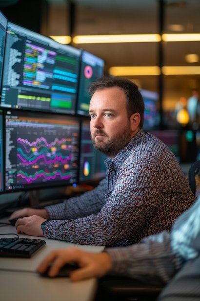 A male professional, focused and analytical, looking at multiple monitors on his desk displaying real-time data and analytics. His serious expression and the organized chaos of his desk illustrate a strategic approach to managing his projects and making data-driven decisions.