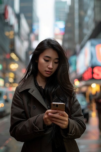 A female professional standing by a city street, pulling out her phone to send a text. Her expression is concerned and urgent, illustrating the need to communicate a cancellation promptly due to unforeseen circumstances. The cityscape behind her is bustling, emphasizing the often hectic nature of professional schedules.