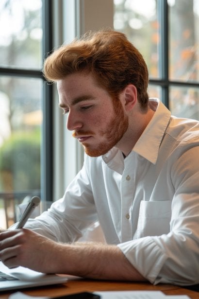A young male professional, looking inspired and motivated, participating in an online training session in a quiet, private office. He is taking notes diligently. The setting is personal and focused, emphasizing his commitment to continuous professional development.