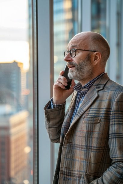 A middle-aged male professional in a high-rise office building, overlooking the cityscape, engaged in a thoughtful conversation on his mobile phone. He appears confident and assertive, representing a professional scaling new heights in his career. His posture and demeanor seem to convey ambition and strategic thinking.