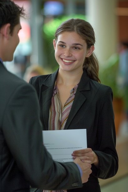 A young female professional, looking relieved and happy, holding an appointment letter in one hand and shaking hands with a male HR representative with the other. This scene in a corporate office lobby signifies the formal acceptance and excitement of beginning a new job role.