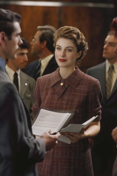 A young female professional, looking pleased and expectant, handing out feedback forms to a small group of senior executives in a luxurious, modern meeting room. Her expression is friendly and open, inviting honest feedback, while the executives appear contemplative and ready to provide their insights.