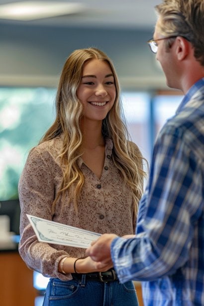 A young female professional, looking motivated and satisfied, standing in a small celebration at the office. She is receiving a certificate and a bonus check from a senior male executive, symbolizing recognition and reward for outstanding performance.