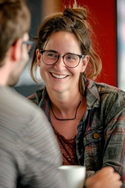 A warm, engaging photo of a female team leader in a casual office setting, having a one-on-one discussion with a male team member. Both are smiling and relaxed, sitting with coffee cups, which suggests a comfortable and trusting environment conducive to open dialogue.