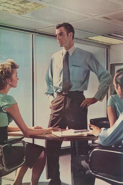 A male manager in an open office space discussing plans with a small group of two other professionals (one male, one female). He is standing, displaying an open posture, symbolizing leadership, with the team members seated, nodding in agreement, highlighting an environment that encourages input and collaboration.
