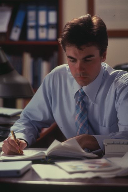 A photo showing a serious and concerned young male manager at his desk, reviewing a document that outlines the incentive bonus criteria. His brow is furrowed as he makes notes, reflecting the complexities and challenges of ensuring fairness in bonus distribution.