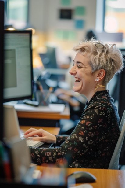 A female professional, sitting at her desk in an office, smiling as she reads an email on her computer. This image captures her effective communication skills and the positive impact of her well-crafted messages.