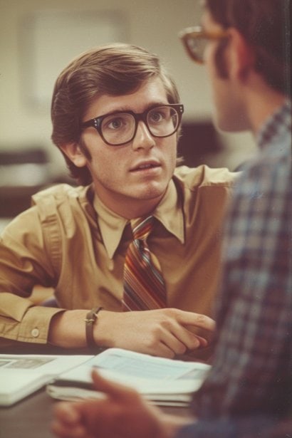 A young male professional in a tense but composed discussion with a colleague in a neutral office setting. Both individuals are seated, leaning slightly forward, with the young man using hand gestures to express his points clearly, representing effective communication and conflict management.