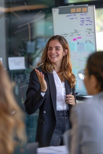 A photo of a young female professional presenting a new strategic initiative in a small team meeting. She is standing with confidence, using a whiteboard to illustrate her points. Her team members, visible in the foreground, show interest and engagement. Her expression is one of enthusiasm and commitment to organizational goals.