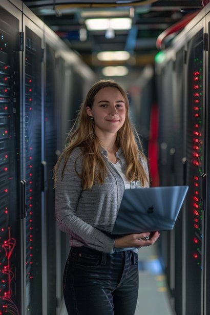 A young female IT professional, looking confident and knowledgeable, stands in a server room with a laptop in hand. She is reviewing data on her screen, surrounded by rows of data servers, representing mastery of complex technical environments.