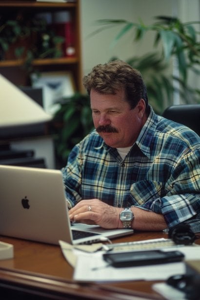 A male professional, seated at a desk with a laptop open in front of him, drafting an email. He looks focused and deliberate, with a slight smile, indicating his positive attitude and professionalism while crafting a welcoming introduction.
