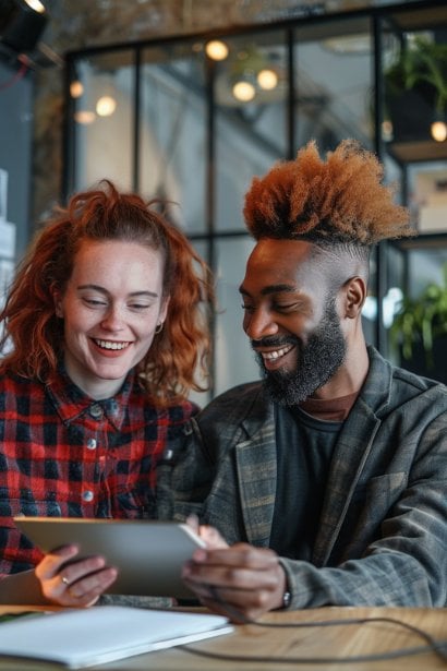 A creative workspace where two professionals (one man, one woman) are collaborating over a digital tablet. They are from visibly different cultural backgrounds, laughing and sharing ideas, which showcases a positive, inclusive team culture.
