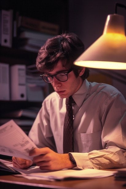 A young male professional at his desk in a late evening office setting, reviewing documents with meticulous care. The scene shows him as absorbed and diligent, with a soft desk lamp highlighting his commitment to producing high-quality work. His expression reflects concentration and a deep commitment to excellence.