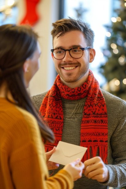 A male employee in a festive office setting receiving a holiday bonus envelope from a female manager. The manager is smiling warmly, and the employee looks surprised and delighted, capturing the joy of receiving an unexpected monetary reward.