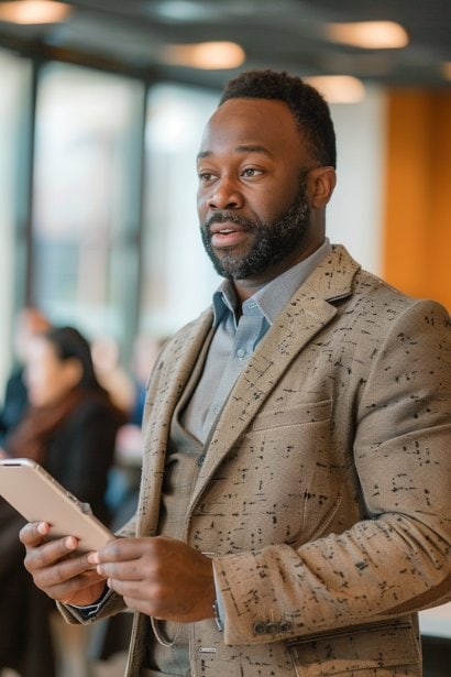 A male professional in a sleek, well-lit conference room, actively participating in a professional development workshop. He is jotting down notes on a digital tablet, looking interested and determined. This setting should suggest a context of ongoing learning and skill enhancement.