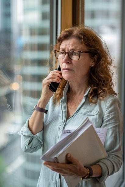 A middle-aged female professional, standing at the window of a high-rise building, looking out with a contemplative expression. She is on a phone call, holding documents in one hand, symbolizing her anticipation and strategic planning for an upcoming project or opportunity.