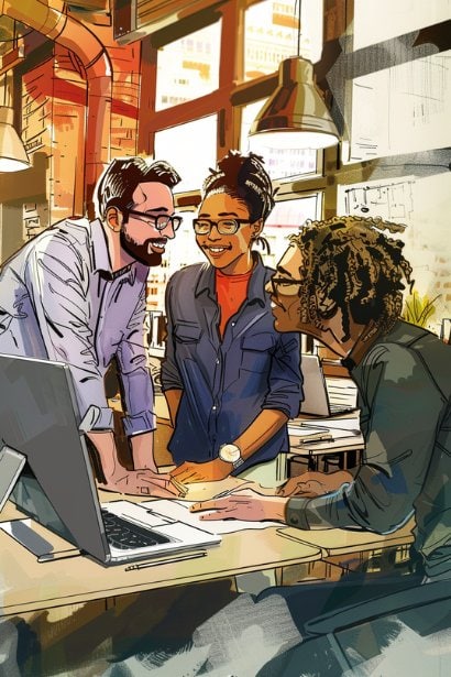A small group of three employees (two men and one woman), in a casual office setting, collaborating on a project. They are looking engaged and enthusiastic, highlighting the teamwork encouraged by shared incentive goals.
