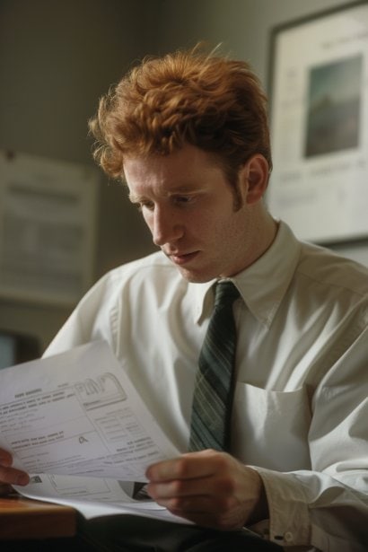 A male professional, with a thoughtful expression, examining a document closely. He is seated in a minimalist office setting with the appointment letter in front of him, highlighting the scrutiny and understanding of each component of his new employment contract.