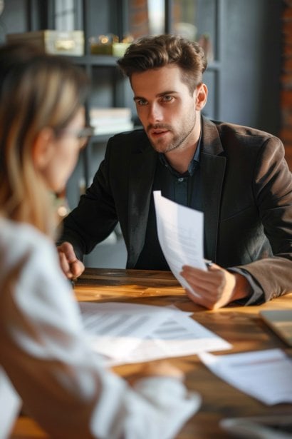 A male lawyer, with a serious and attentive demeanor, discussing the legal aspects of an appointment letter with a young female client in a law office. Documents are spread out on the table between them, illustrating the thorough legal review and implications of job appointment documents.
